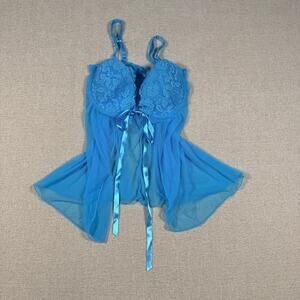WOMEN'S SEXY CYAN BLUE LARGE MESH LINGERIE TOP BOW RAVE Y2K